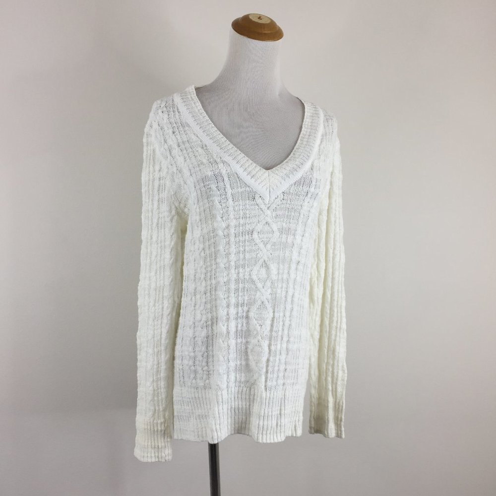 RAG & BONE White Cable Ribbed Knit V Neck Long Sleeve Pullover Sweater